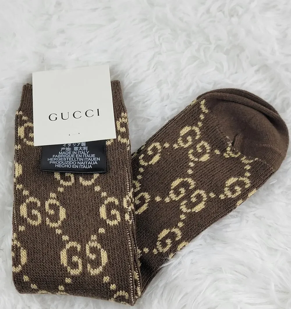 Gucci Crew Socks Unisex GG Logo Metallic 100% Authentic Brown Beige Luxury New